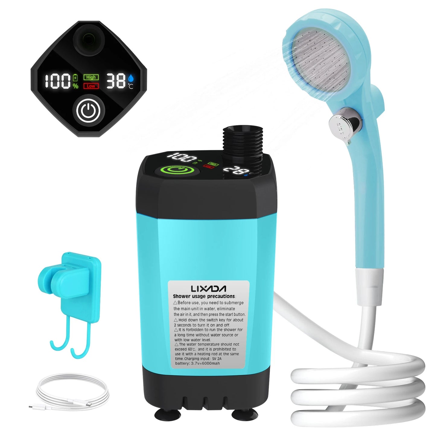 Kit de ducha portátil para autocaravanas con batería recargable de 6000 mAh