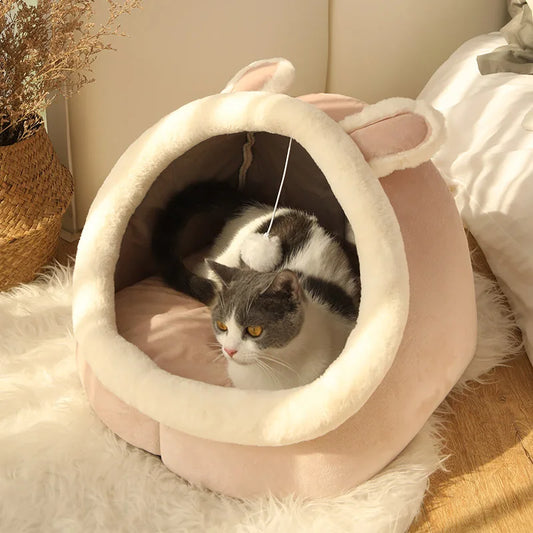 Adorable cama cueva de dibujos animados, acogedora y plegable para gatos y perros pequeños.