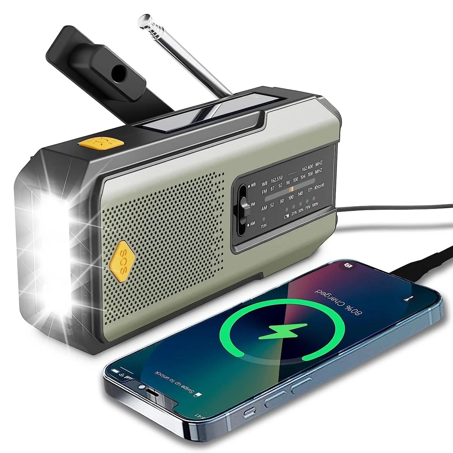Solar-Powered Hand Radio, with LED Torch & Power Bank.