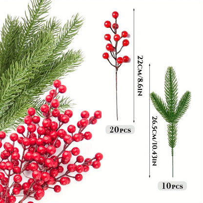Winter Wonderland: Red Berry & Pine Branch Décor for Tree, Wreaths, and Gifts.