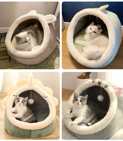 Adorable Cartoon Cave Bed, Cosy and Foldable for Cats and Small Dogs