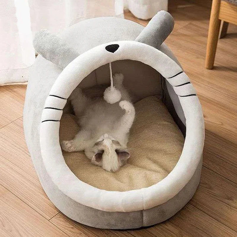 Adorable Cartoon Cave Bed, Cosy and Foldable for Cats and Small Dogs