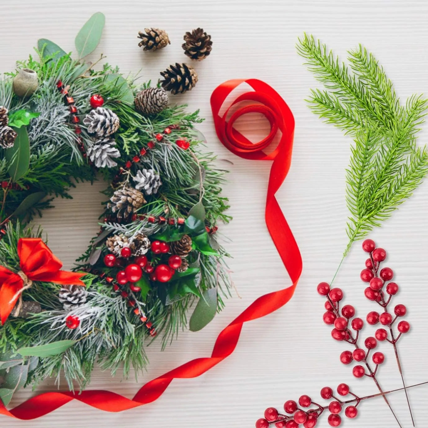 Winter Wonderland: Red Berry & Pine Branch Décor for Tree, Wreaths, and Gifts.